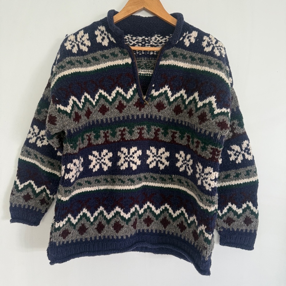 Hand Knit Men Chunky Pullover Ski Hiking Acrylic Wool Sweater Size S/M